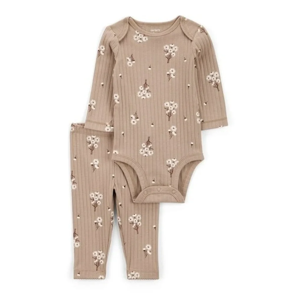 Carter's 3pc Bodysuit Pant Set Baby Girl NB Tan Floral Ribbed NWT